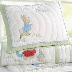 Pottery Barn Kids White and Green Rabbit Quilt Set